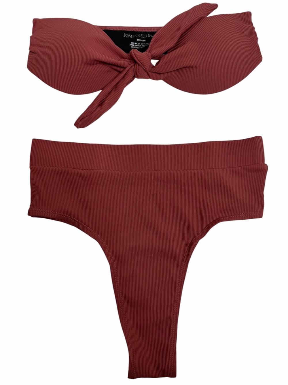 Somerfield Swim Ribbed Bandeau Knot Bikini Set Rust‎ Medium Top/Large Bottom